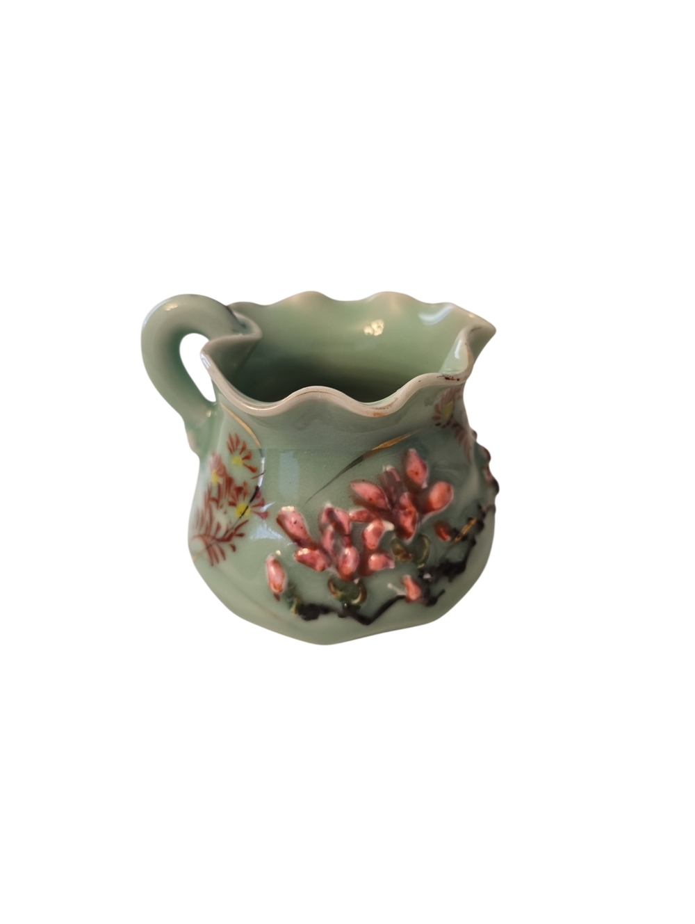 Vintage Celadon Kato Shunk? Meiji Era? Asian Green Floral Creamer 3"